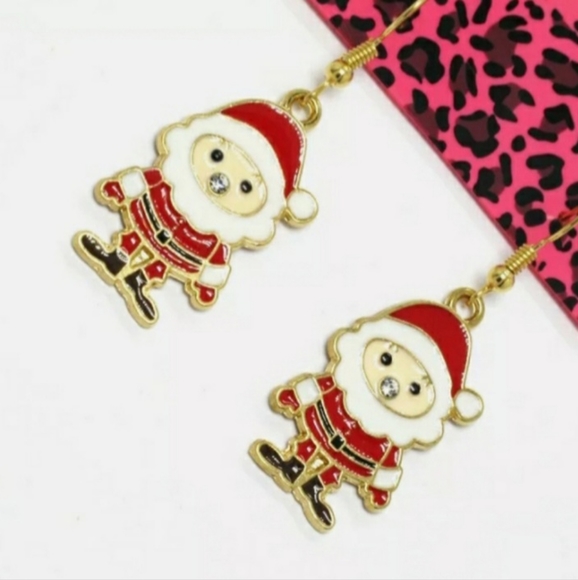 Red Enamel Rhinestone Holiday Christmas Santa Claus Dangle Drop Earrings - Picture 7 of 9
